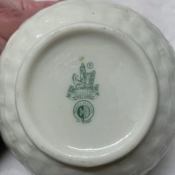 Vintage Belleek Ireland porcelain cream green shamrock vase cream & sugar set.